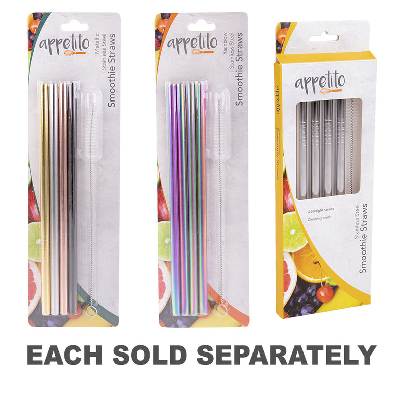 S/Steel Straight Smoothie Straws with Brush 4pcs