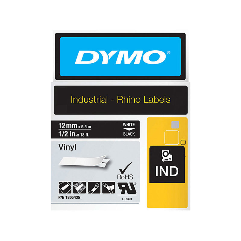 Dymo Rhino White mustalla vinyylinauhalla