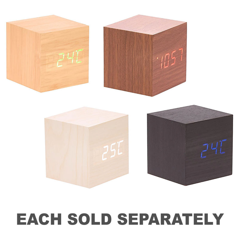 LED Wooden Cube Desk Clock w/ Temp/Date Display